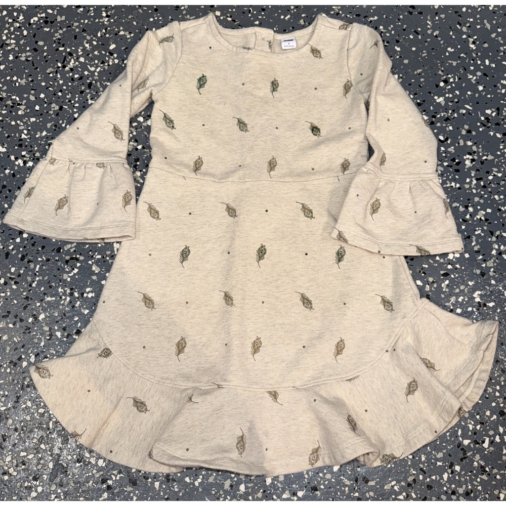 Janie and Jack Girls Oatmeal Knit Bell Sleeve Dress Size 4 Gold Feather Ruffle